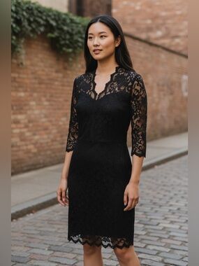 Patty Black Lace Cocktail Dress Small Ruffle Neck Sheath Dress